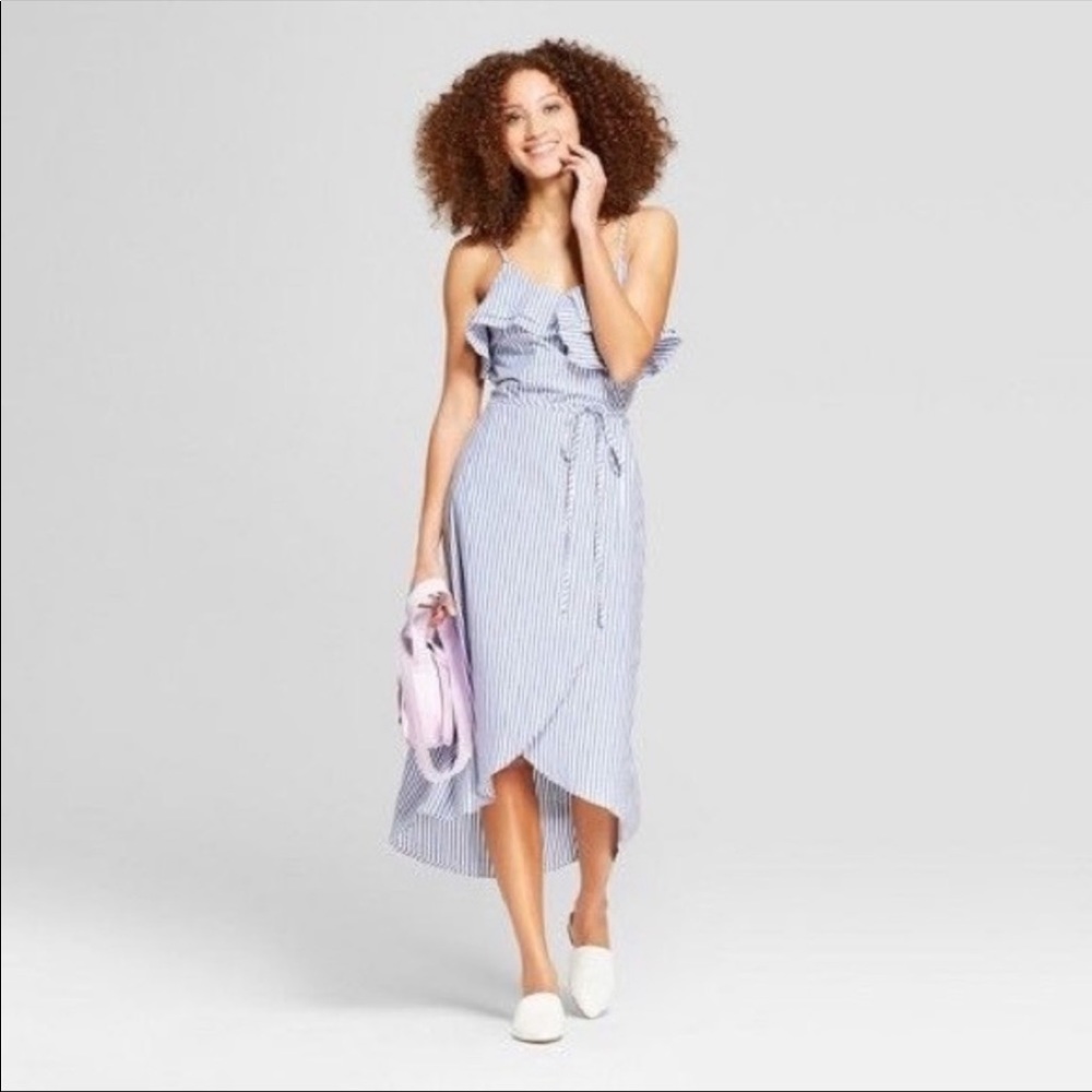 A New Day Blue stripe ruffle wrap dress medium